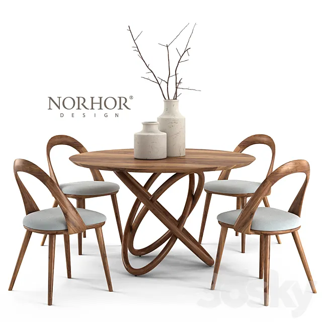 Furniture – Table and Chairs (Set) – 3D Models – NORHOR Bergen round table and Walnut chair