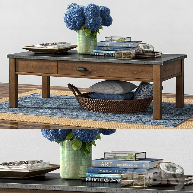 Table 3D Models – Pottery Barn CHANNING COFFEE TABLE with BOSWORTH PRINTED WOOL RUG – BLUE