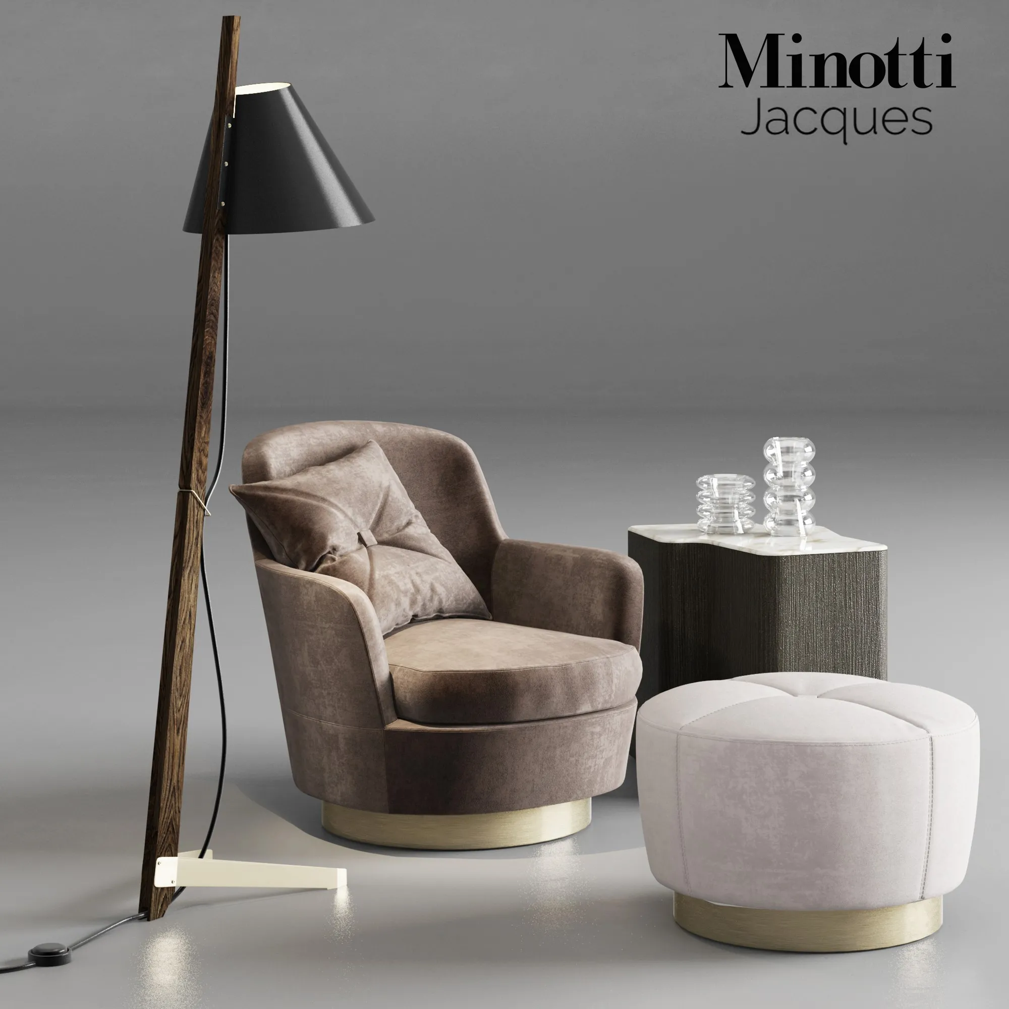 Armchair 3D Models – Minotti Jaques armchair with pouf and lamp