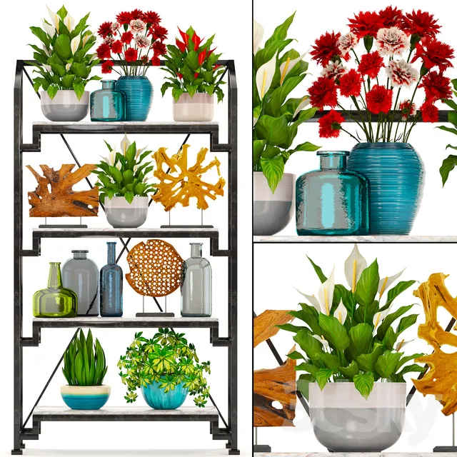 Decorative set. 8. Rack decor plants vase shelf with flowers Figurine 3DS Max - thumbnail 3