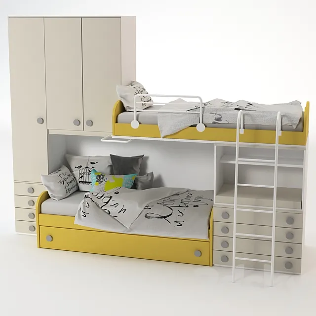 Children – Bed 3D Models – Bunk Yellow Bed