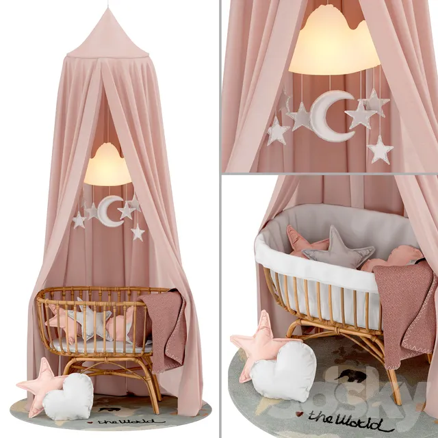 Children – Bed 3D Models – Childhome Rattan Cradle with Linen Canopy