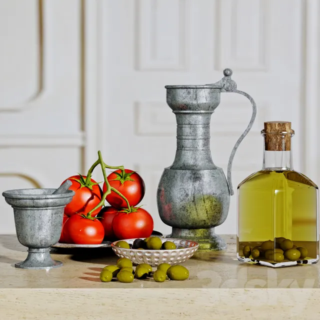 Kitchen – Foods – Drink 3D Models – Olive and oil decorative set