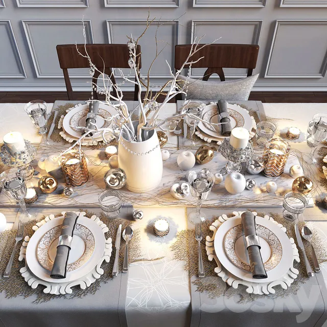 Festive table setting with apples 3DS Max - thumbnail 3