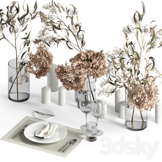 Kitchen – Tableware 3D Models – Table setting with dry plants