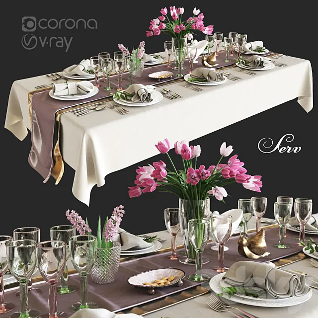 Kitchen – Tableware 3D Models – Table setting with flowers (Vray; Corona)
