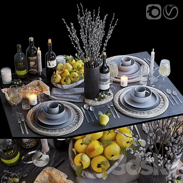 Kitchen – Tableware 3D Models – Table setting with yellow apples