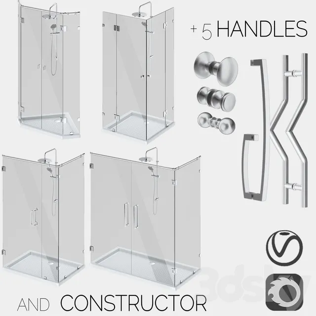 Bathroom – Bathtub 3D Models – Angled glass shower cabins; designer and handle set