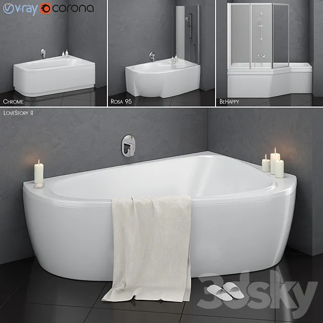 Bathroom – Bathtub 3D Models – Set of asymmetric baths Ravak set 14 (LoveStory II; Chrome; Rosa 95; BeHappy)