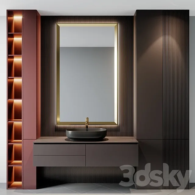 Bathroom – Furniture 3D Models – Bath Set 17 with wooden panel