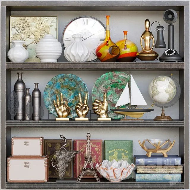 Wardrobe with a collection of vases decor and figurines. Books 3DS Max - thumbnail 3