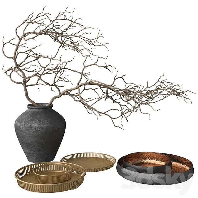 Rustic Set – Vase Branch Copper Bowl and Brass Tray 3DS Max - thumbnail 3