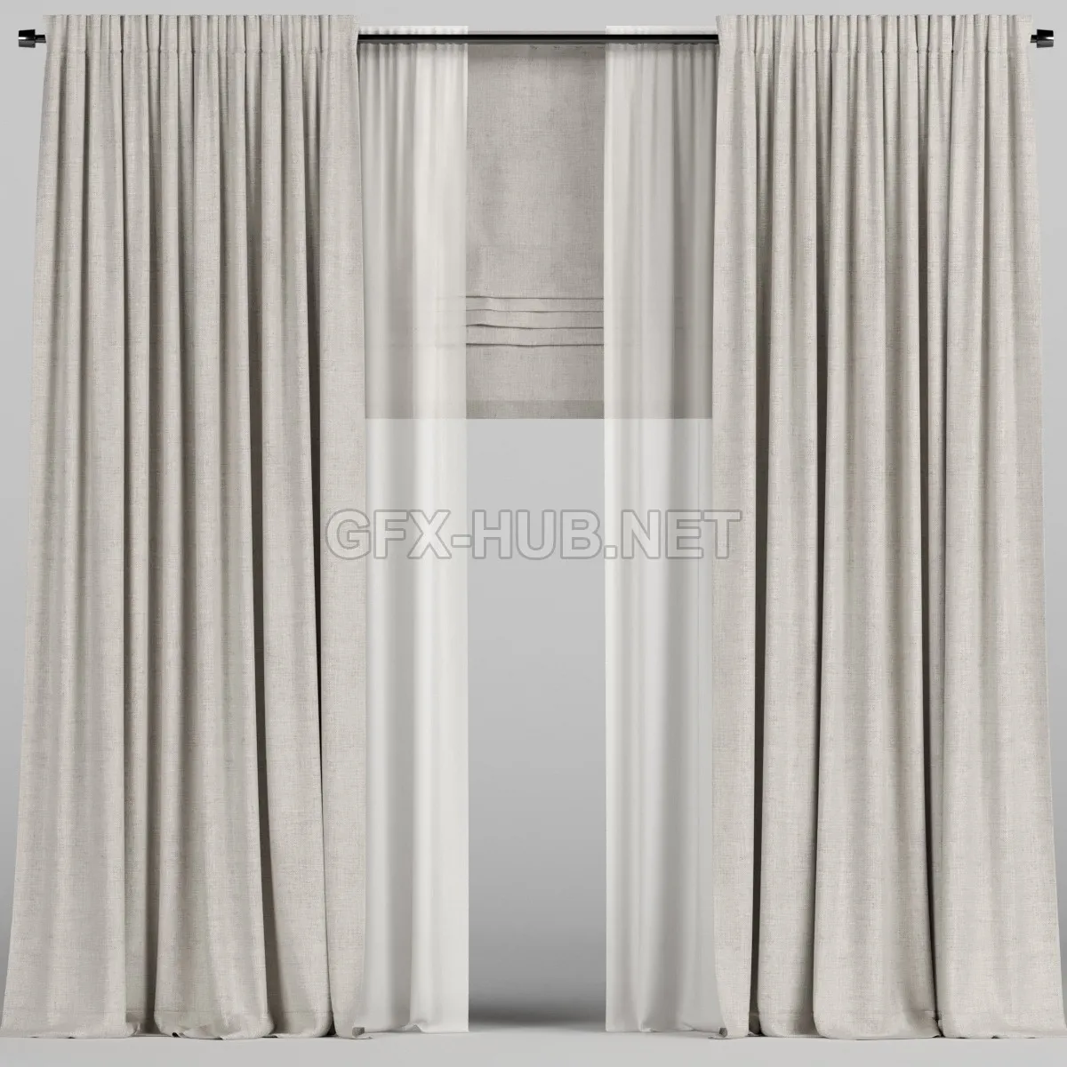 Beige curtains with tulle and roman blinds (VrayCorona) – 207951