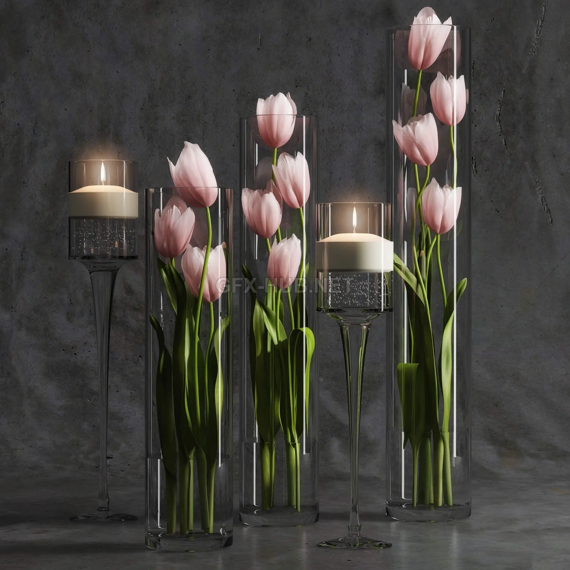 Bouquet of tulips in a vase and candles – 208801