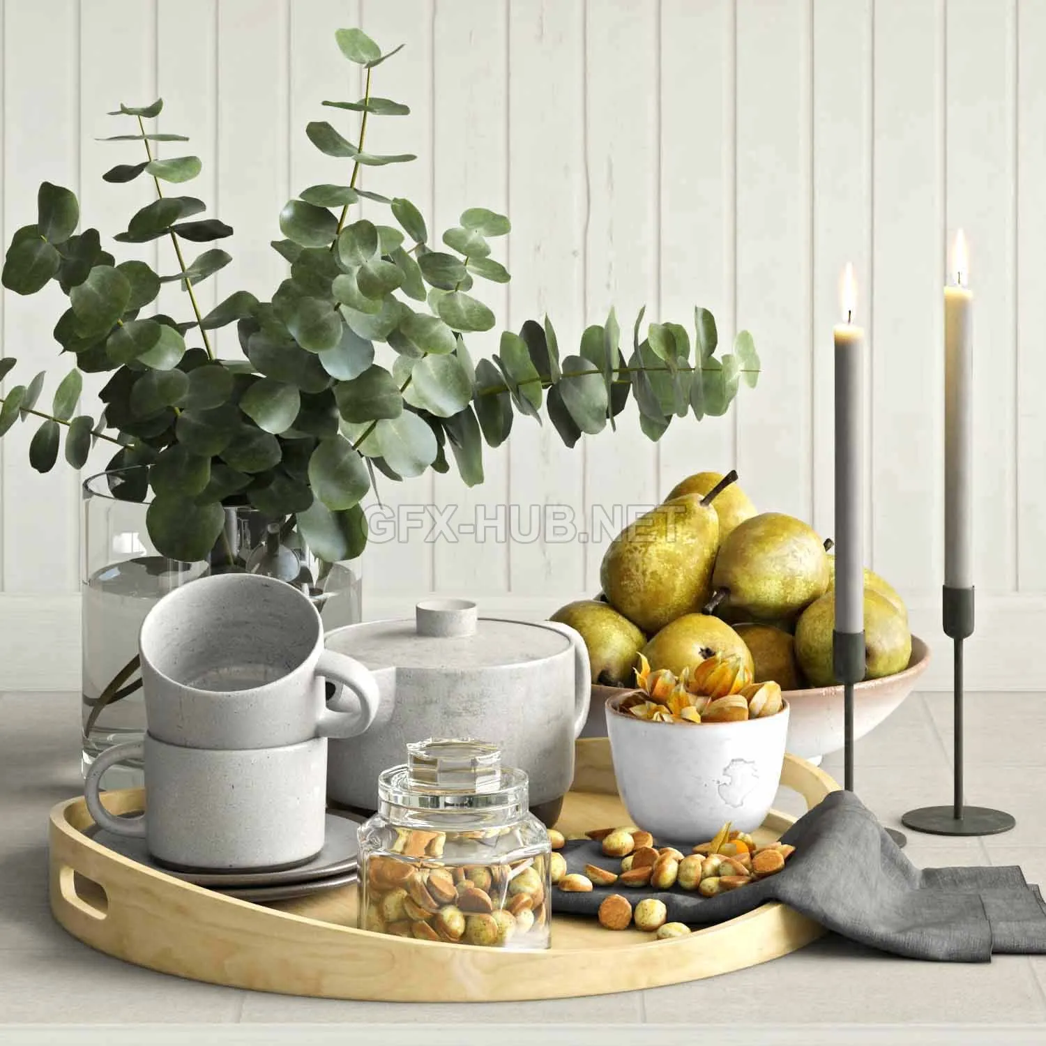 Decorative set with eucalyptus and pears for the kitchen 3d model – 212269