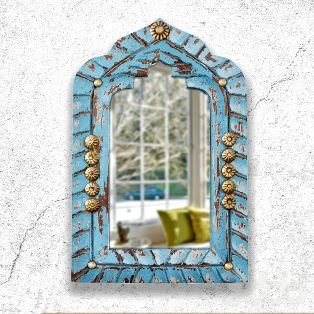 Mini Blue Carved Wood Mirror – 220137