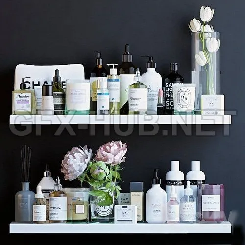 Shelves with with peoniescosmetics and bathroom decor – 224995