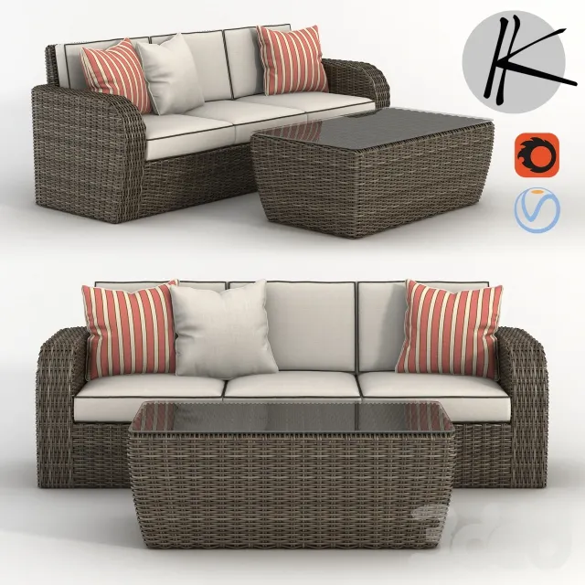 wicker rattan sofa + coffee table – 228713