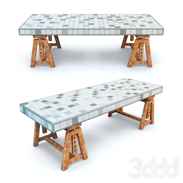Декоративный стол из плитки с основанием от старого верстака – 231019