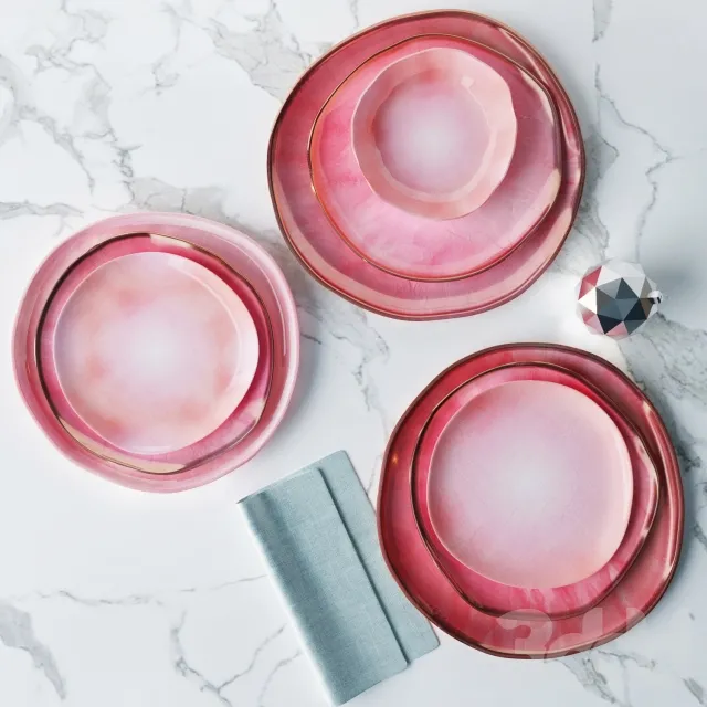 Сет из тарелок в розовой глазури неправильной формы – 238087