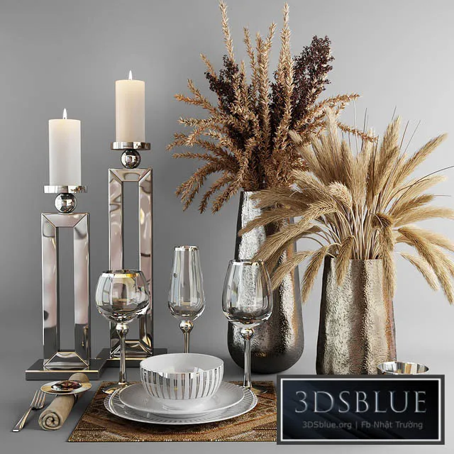 Decorative set with dishes and bouquets of dry grass 3DS Max - thumbnail 3