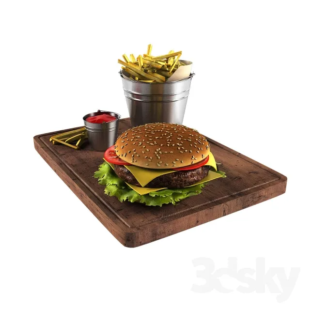 Hamburger and french fries in a bucket 3DS Max - thumbnail 3