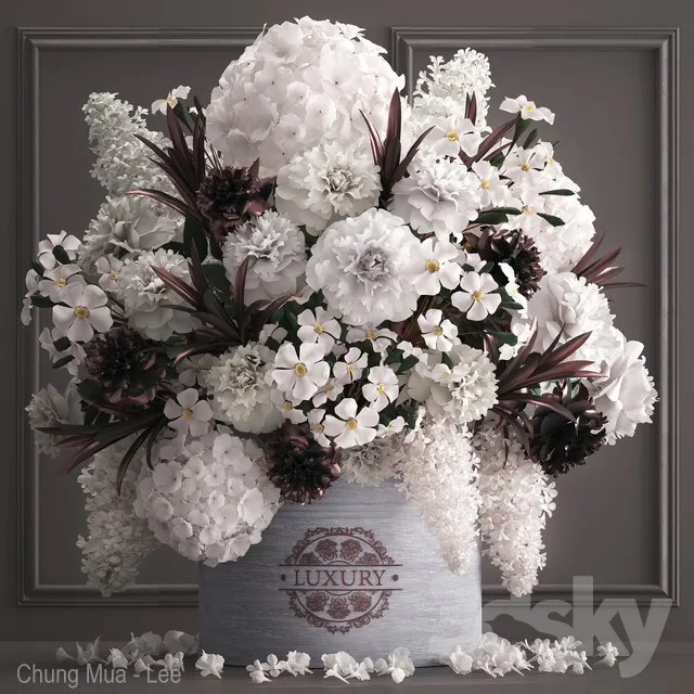 A bouquet of flowers in a gift box 88.luxury bouquet stucco frame Hydrangea lilac peonies oleander vase white bouquet luxury decor eco design table decoration composition 3DS Max - thumbnail 3