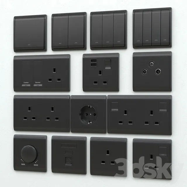 Schneider pieno switches & sockets matte black 3DS Max - thumbnail 3
