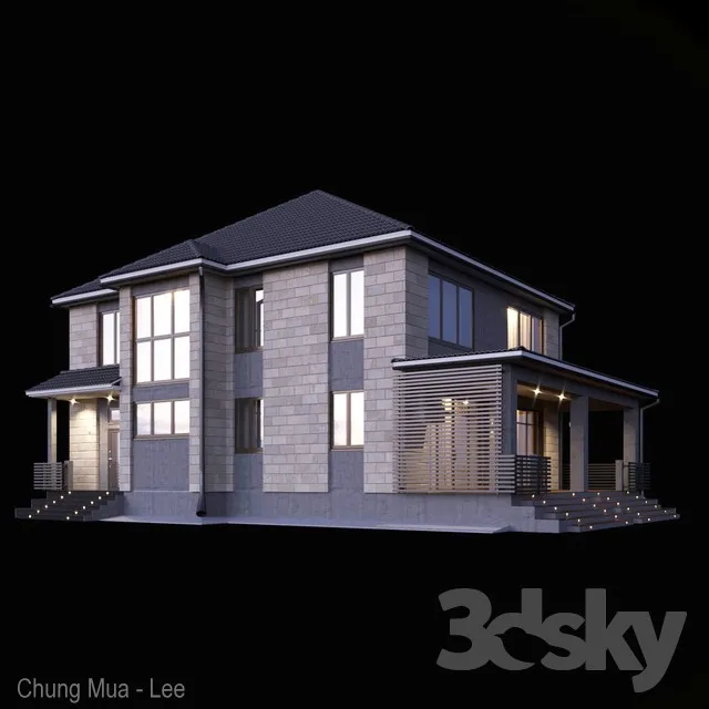 Two-storey house with a terrace 3DS Max - thumbnail 3