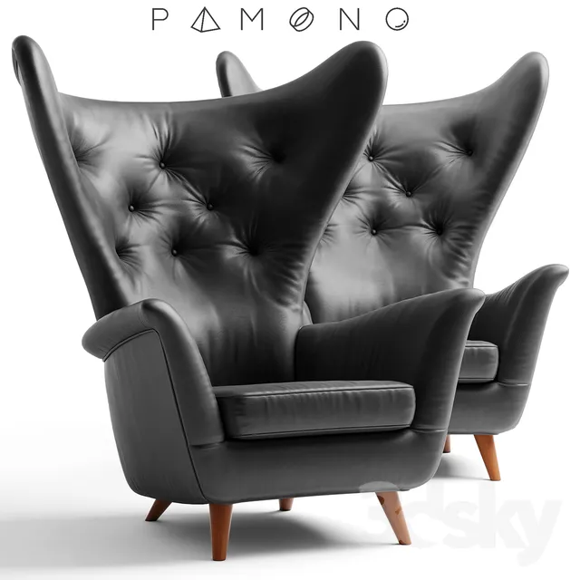 Black Leather Wing Lounge Chair 1950s 3DS Max - thumbnail 3