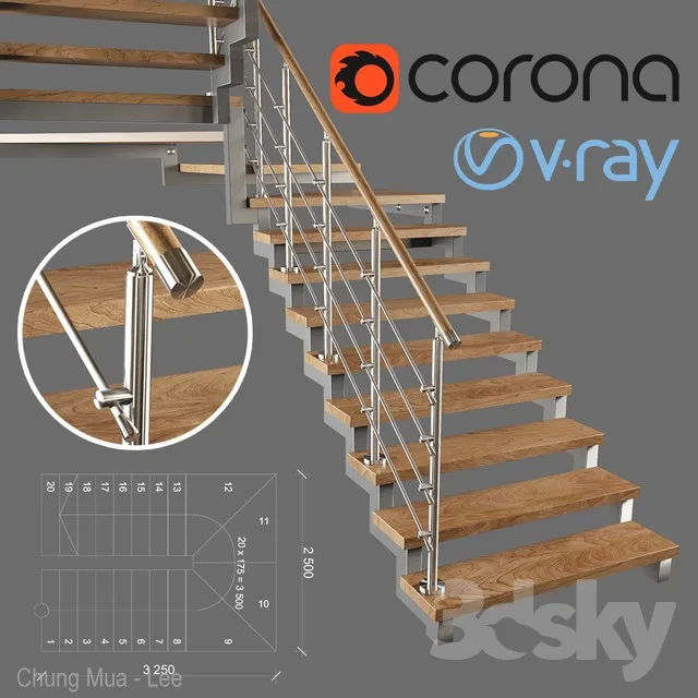 A modern two-march staircase with running steps 3DS Max - thumbnail 3
