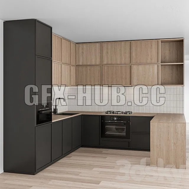 FURNITURE 3D MODELS – Kitchen Modern Black and White with Wood 50