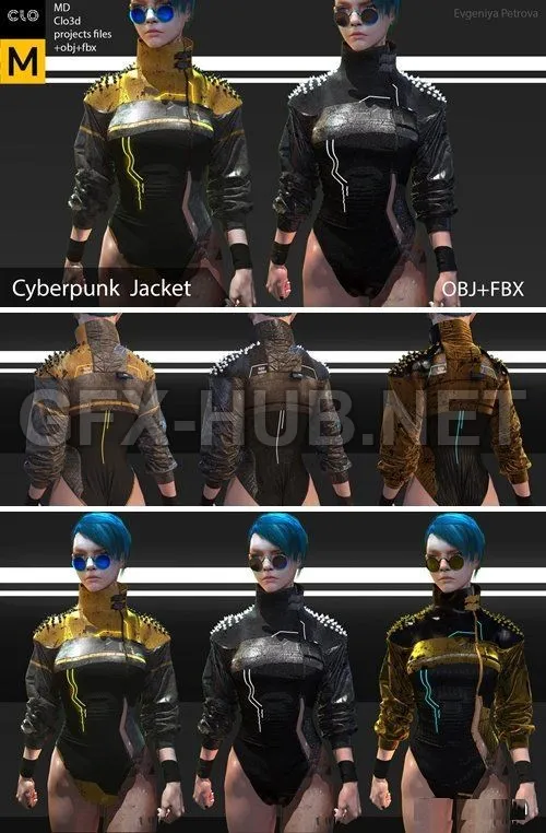 PBR Game 3D Model – Cyberpunk female jacket. Clo3d, Marvelous designer project + OBJ+ FBX