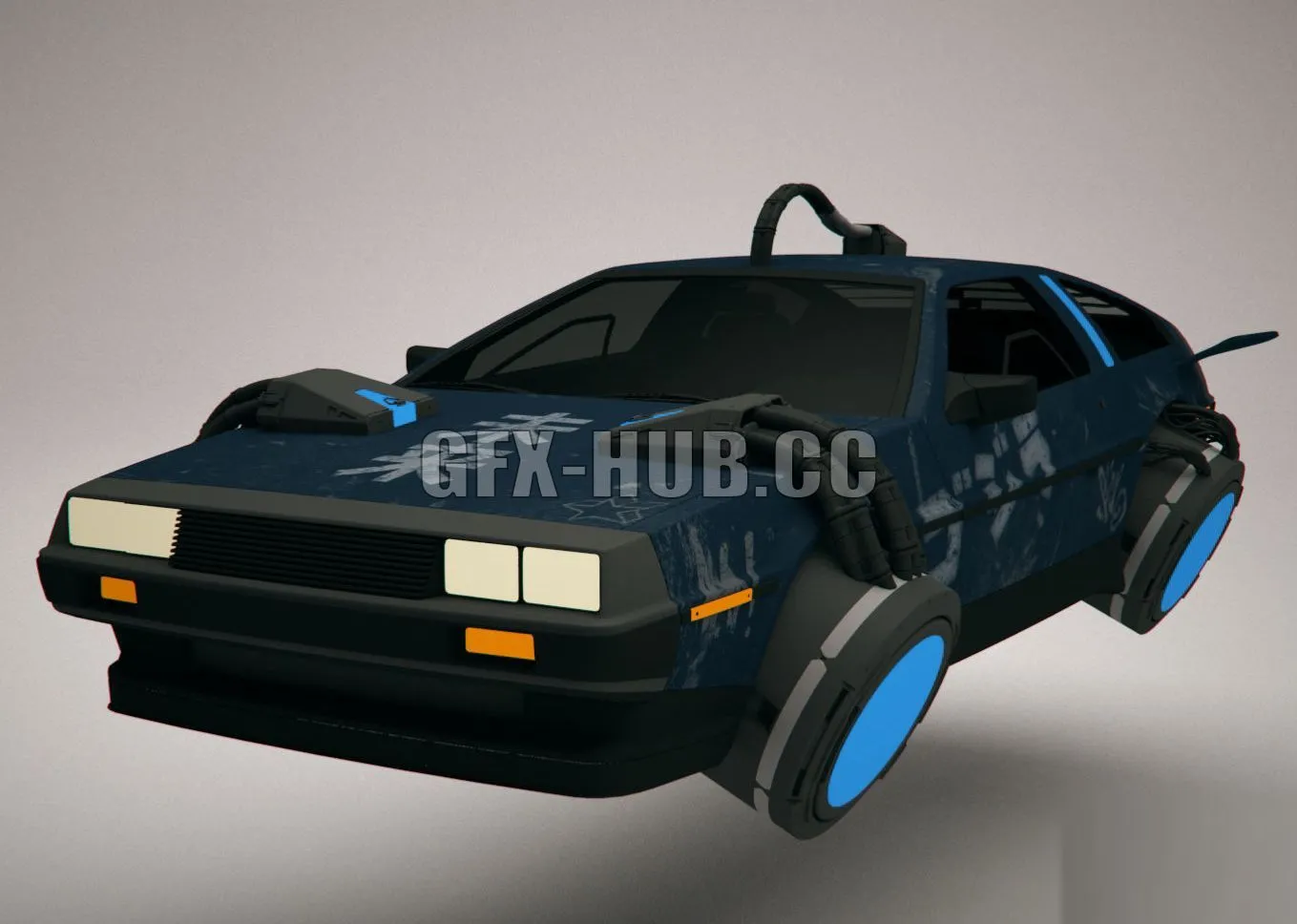 PBR Game 3D Model – Cyberpunk Flying Car DeLorean