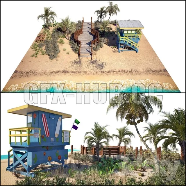 FURNITURE 3D MODELS – Ocean Beach set and Miami Lifeguard Hut (with plants)