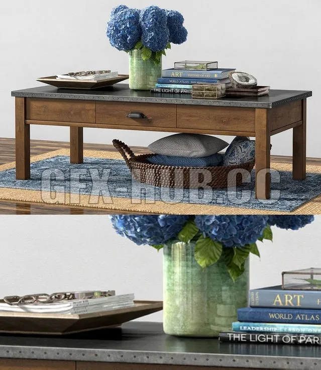 FURNITURE 3D MODELS – Pottery Barn CHANNING COFFEE TABLE with BOSWORTH PRINTED WOOL RUG – BLUE