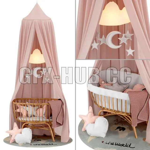 FURNITURE 3D MODELS – Rattan Cradle with Linen Canopy by Childhome