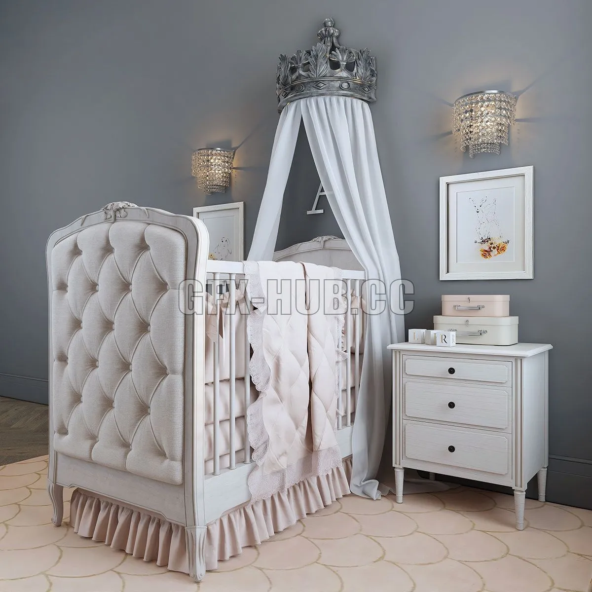 FURNITURE 3D MODELS – RH BED COLETTE TUFTED CRIB with decor