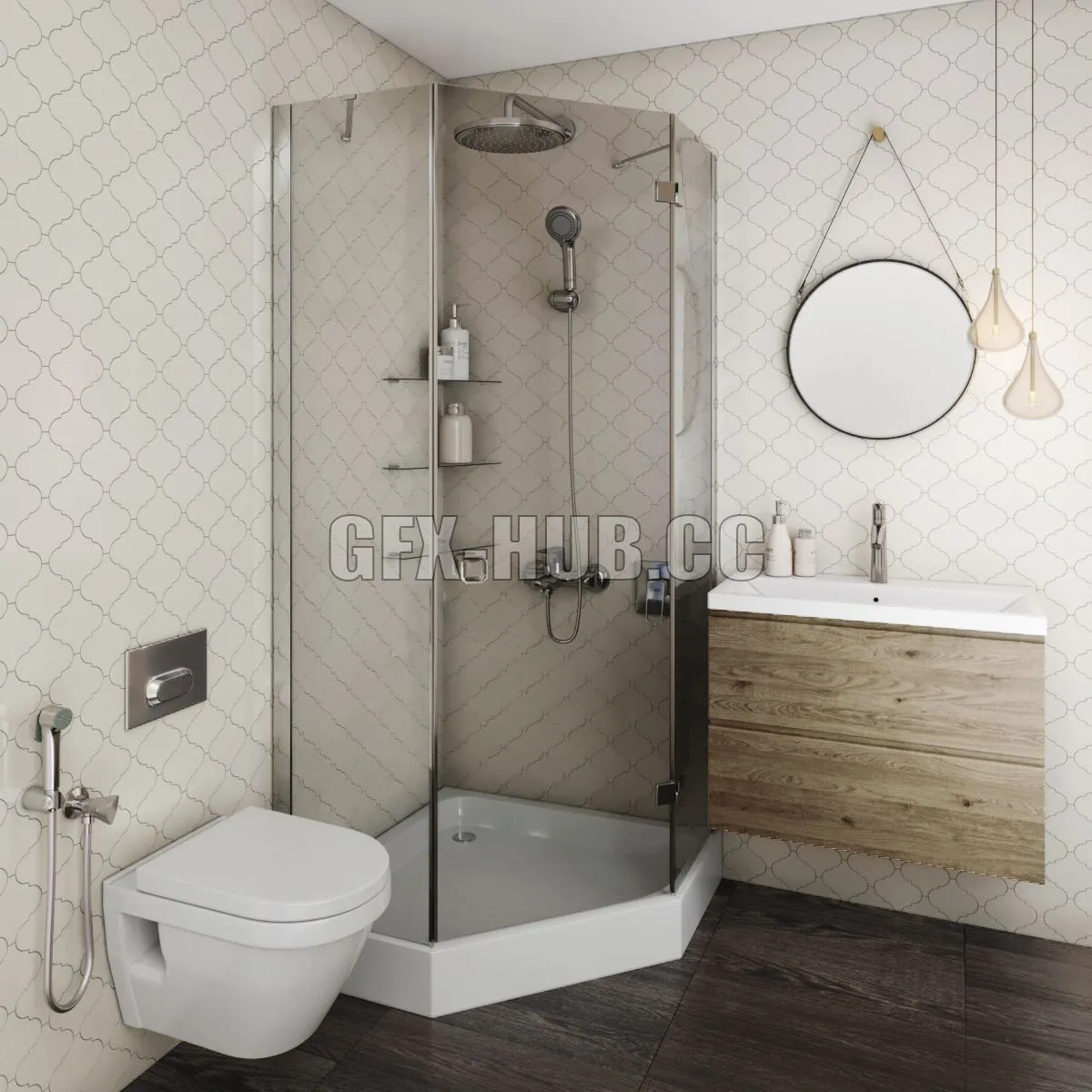 FURNITURE 3D MODELS – Set bathroom 3 (shower room, toilet, sink)