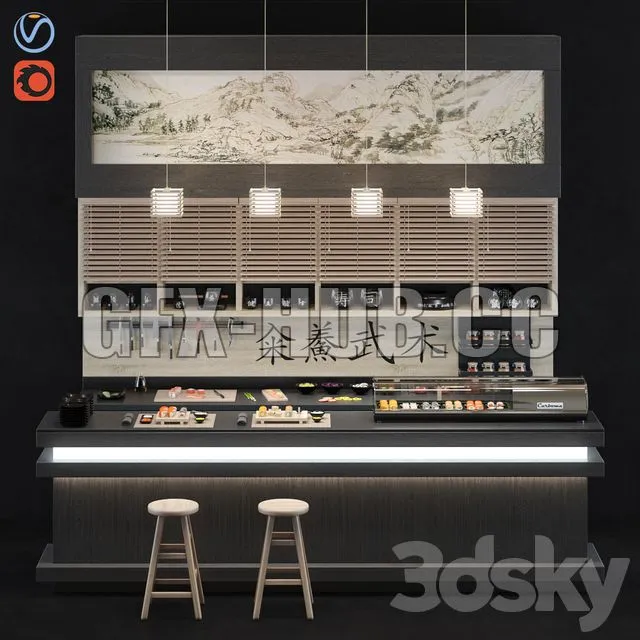 FURNITURE 3D MODELS – Sushi bar counter with bar stools