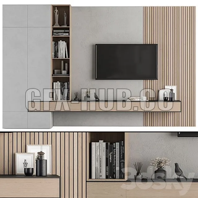 FURNITURE 3D MODELS – TV Wall Wood and Concrete Set 26