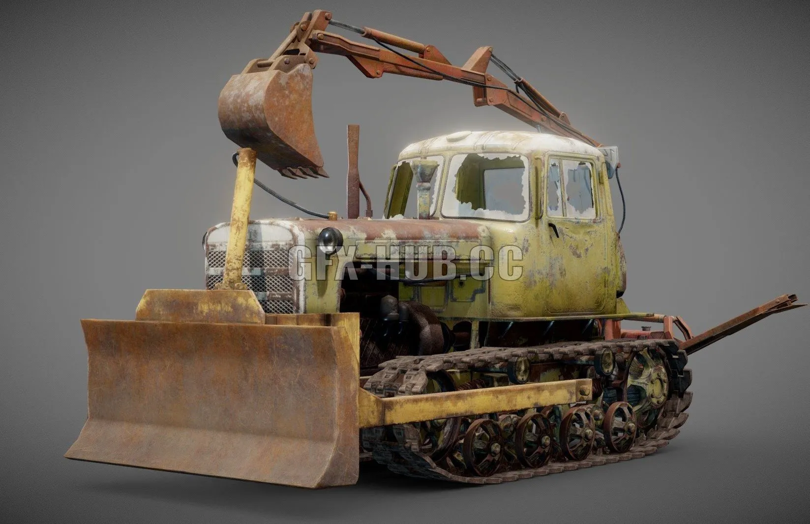 PBR Game 3D Model – DT-75 rusted diesel tractor yellow iv7