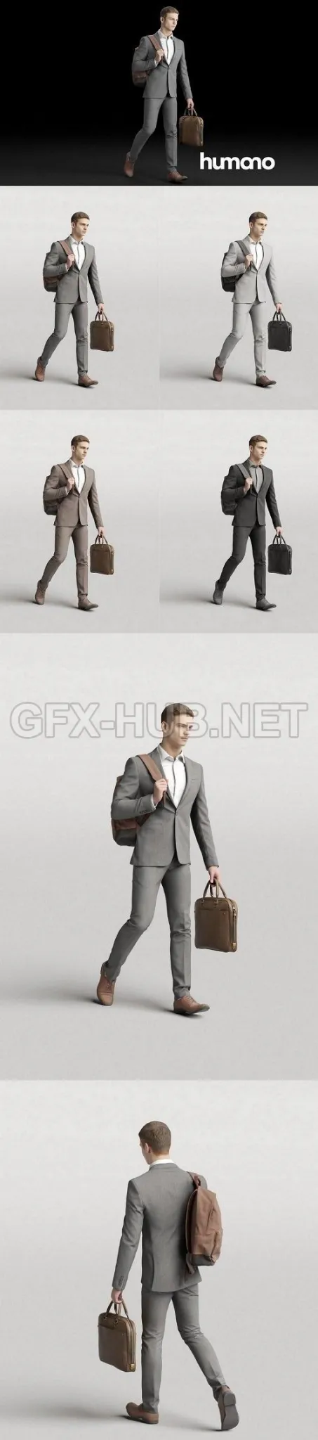 PBR Game 3D Model – Elegant man walking with a briefcase and backpack