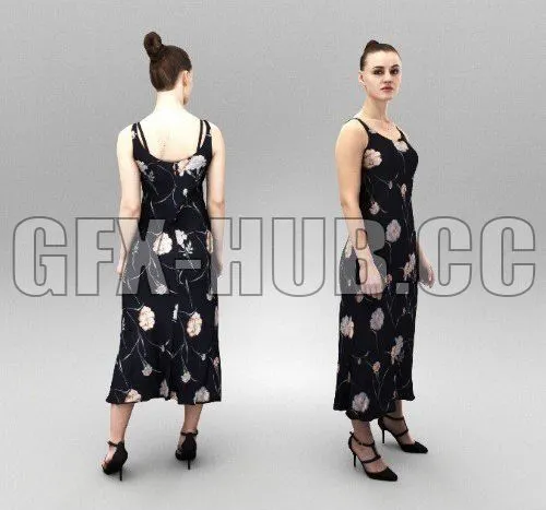 PBR Game 3D Model – Elegant young woman in black dress 368