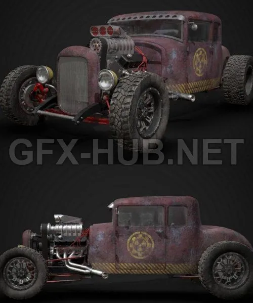 PBR Game 3D Model – Fallout Style Hot Rod PBR