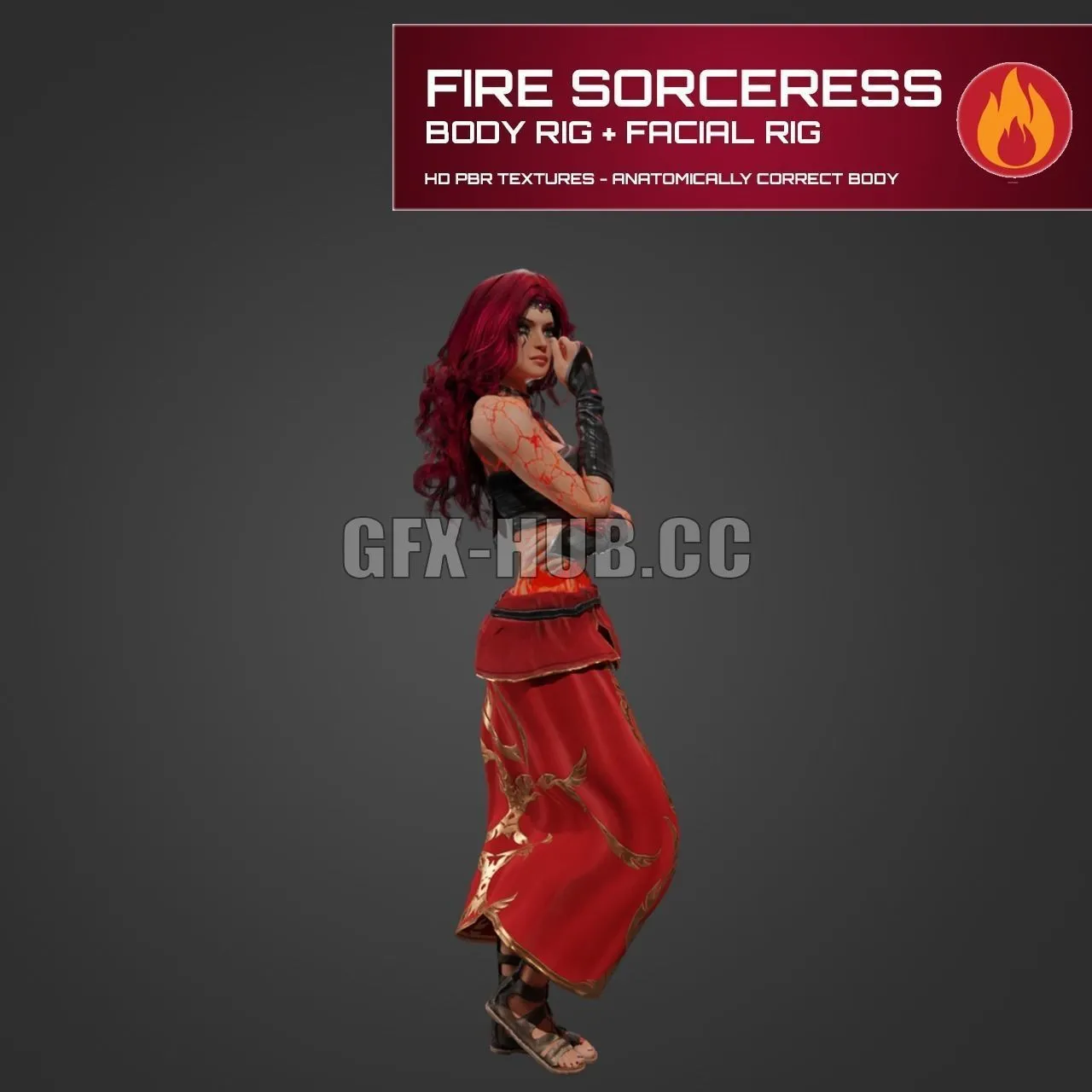 PBR Game 3D Model – Fire Sorceress – Magician Woman