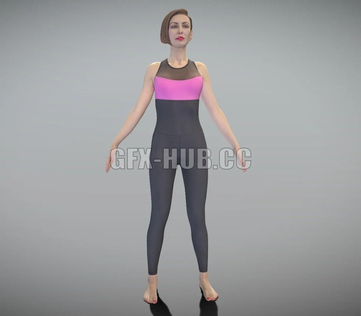 PBR Game 3D Model – Fitness woman with red lips in A-pose 286