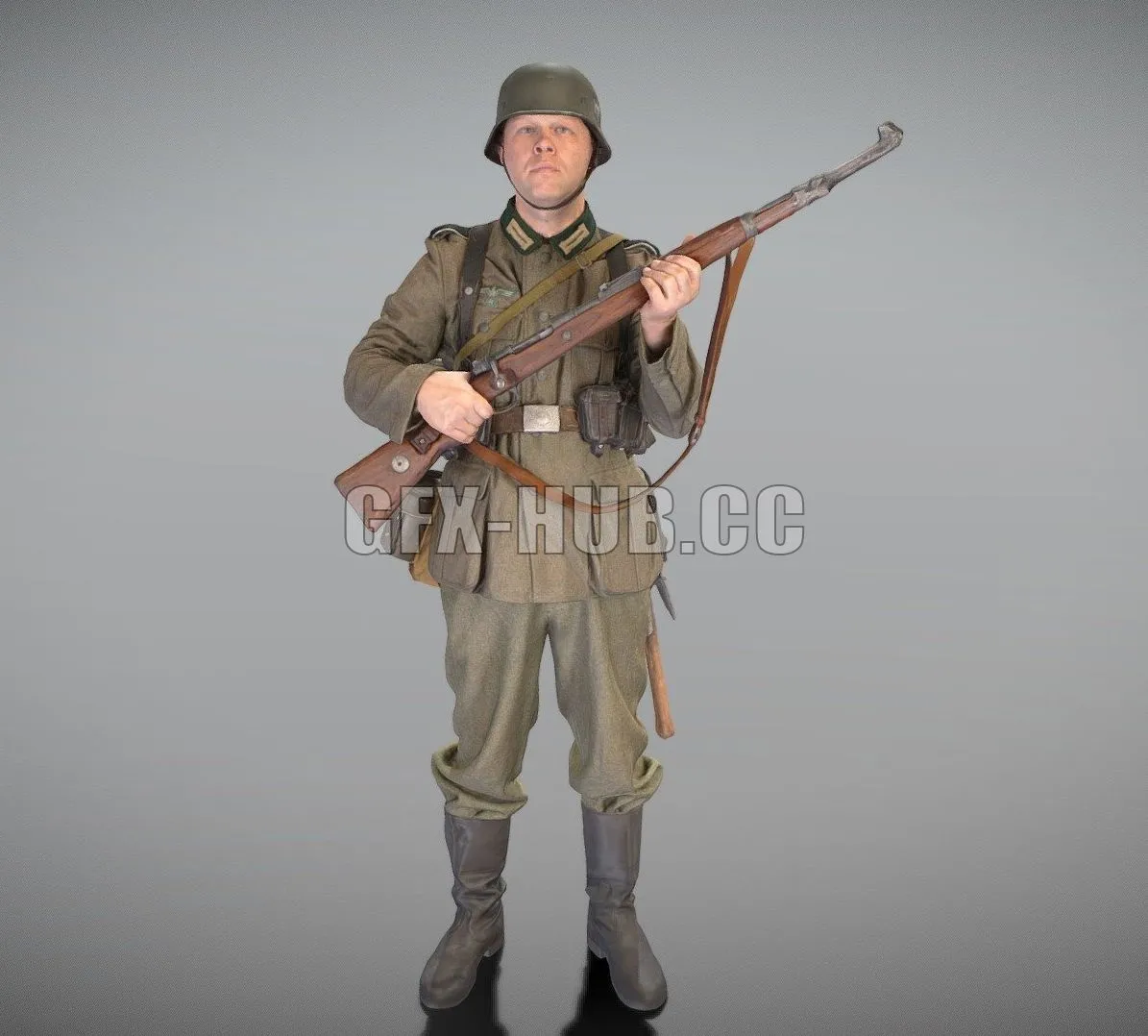 PBR Game 3D Model – Fully equipped German soldier with gun 344