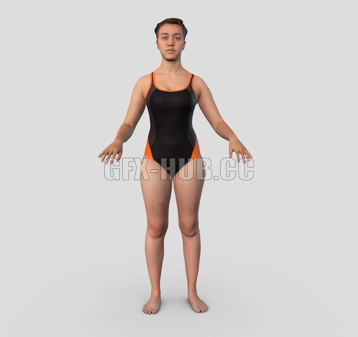 PBR Game 3D Model – Girl In Black And Ornage Swimsuit