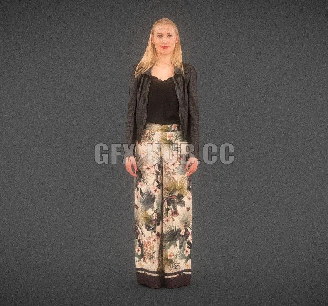 PBR Game 3D Model – Girl in Flower Pants and Leather Jacket